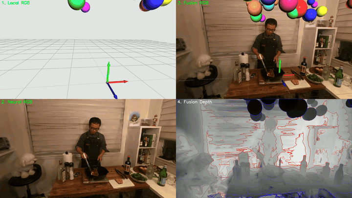Animated RGB-D fusion preview with local RGB, server RGB, fusion RGB, and fusion depth views