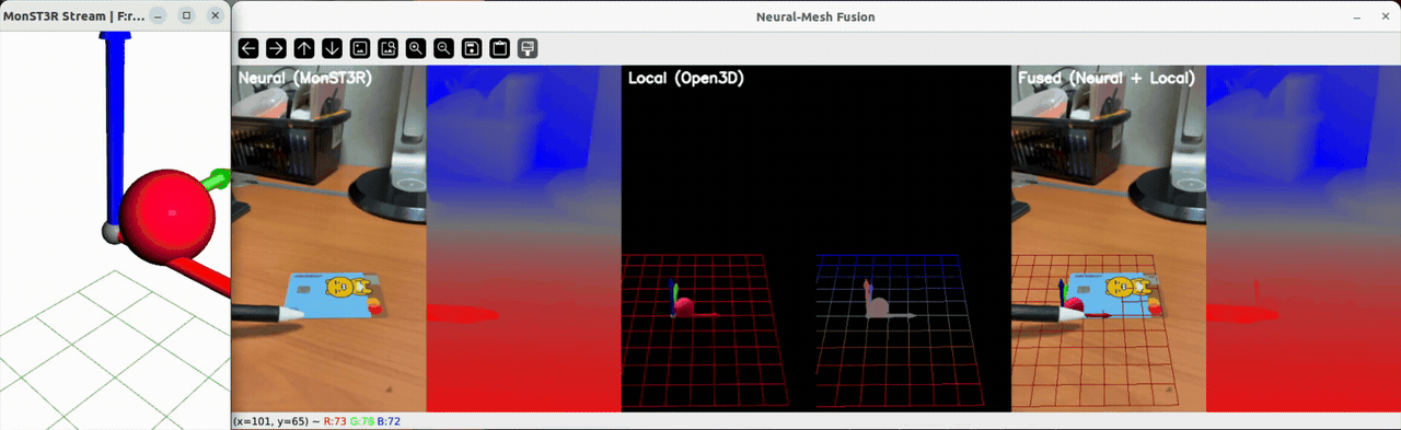 Animated credit-card collision test with neural stream, local Open3D mesh, and fused view