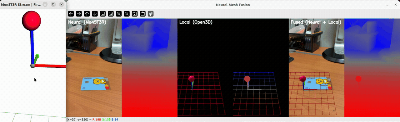 Animated credit-card depth-fusion test showing local object movement and fused neural view