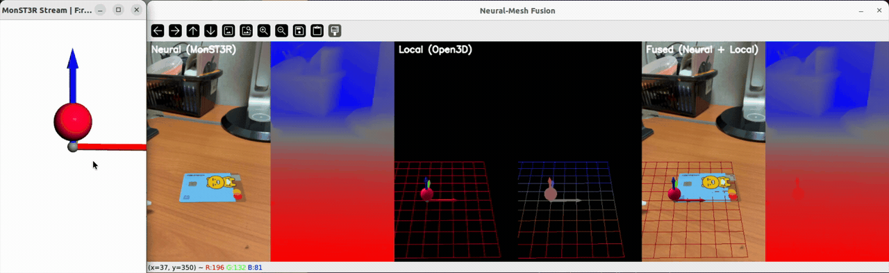 Animated close-range credit-card collision test showing depth-aware local mesh fusion